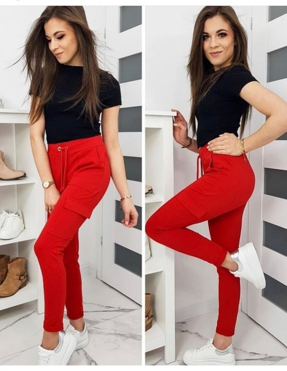 Pantaloni dama lungi din bumbac rosii cu elastic si buzunare laterale image7